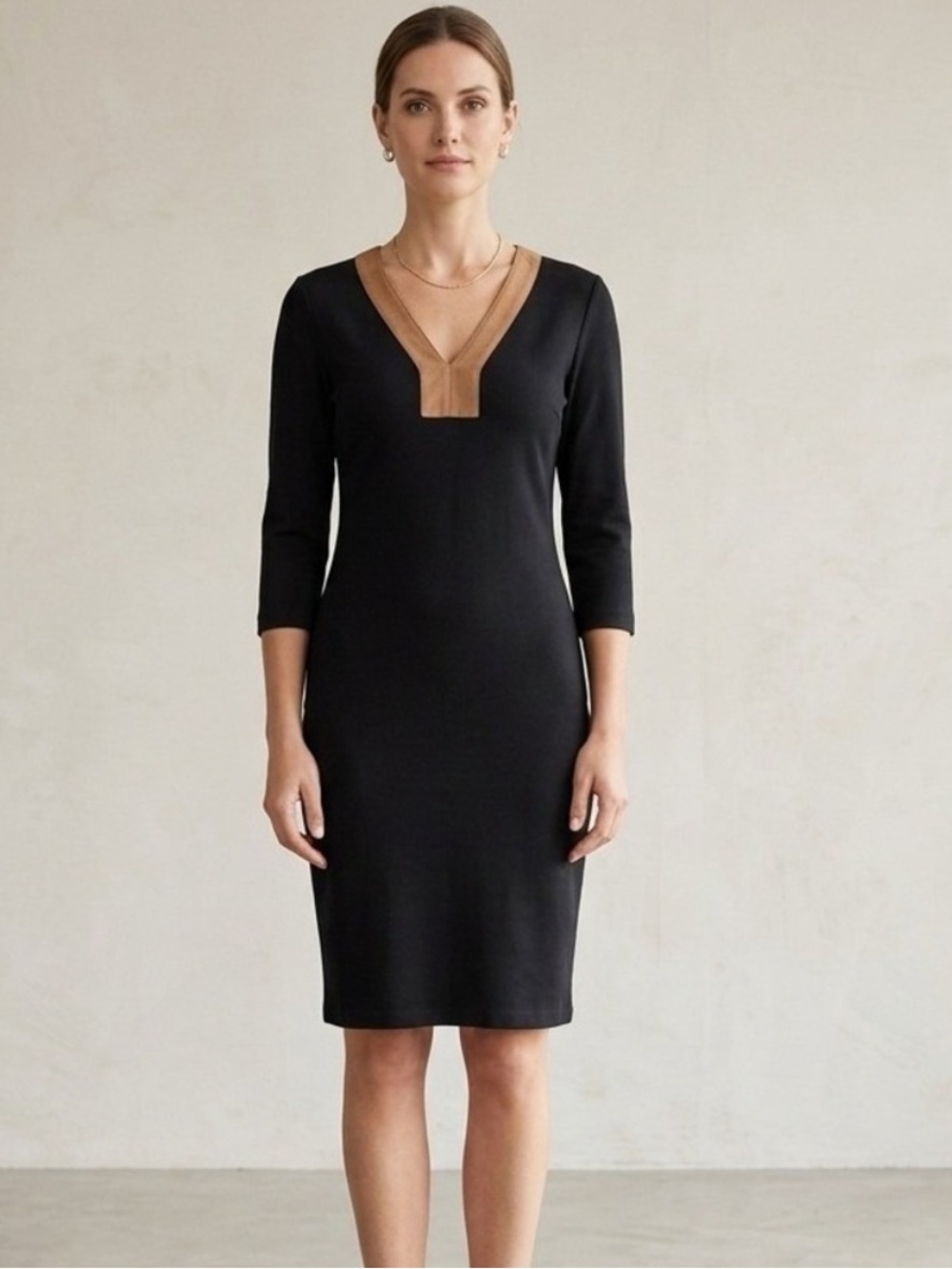 Lauren Ralph Lauren Black V-Neck Sheath Dress faux brown suede Trim Women’s M